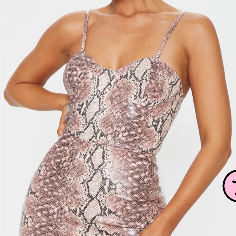 PrettyLittleThing Pink Snake Print PU cup detail strappy Bodycon Dress SIZE 4